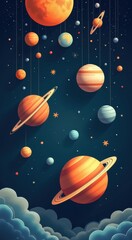 Naklejka premium Many planets in the sky with stars and clouds