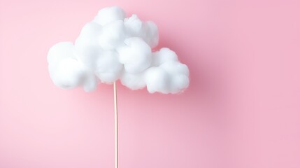 An artistic scene with soft white clouds hanging on a stick on a bright pink background, evoking a cheerful and daydreaming feeling
