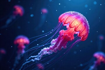 Fototapeta premium Ethereal jellyfish drift in bioluminescent ocean depths, wildlife, light, dreamlike