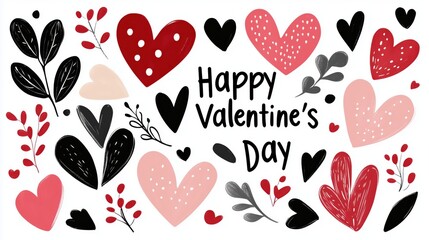 Happy Valentine's Day text with a variety of hearts and decorative patterns