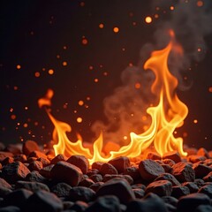Fototapeta premium Fiery orange and yellow flames against a dark background, black, texture, hellfire