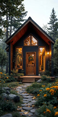 Fototapeta premium Concept photo of cabin house exterior