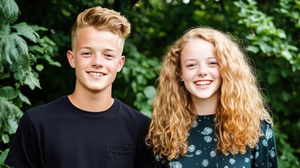 Fototapeta premium Smiling teenage boy and girl in a lush green park