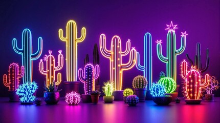 Neon Cactus Garden: A vibrant and playful landscape of neon cacti in a psychedelic purple hue, perfect for adding a touch of whimsy and neon glow to your designs.  