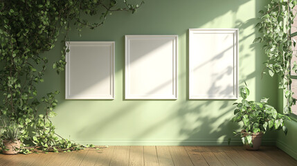 "Minimalist Interior: Three White Frames on Green Wall with Plant Decor and Wooden Floor"
