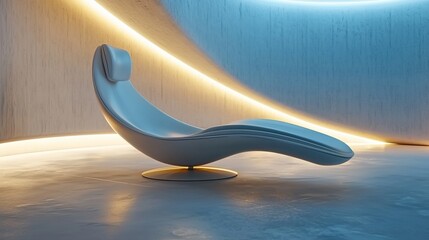 Futuristic white chaise lounge in modern room with ambient lighting.