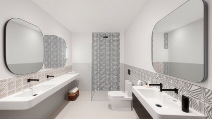 Fototapeta premium Modern bathroom interior with dual sinks, large illuminated mirrors, and neutral beige tile walls. A sleek, minimalist design emphasizes functionality and elegance. Generative, AI,