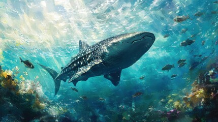 Obraz premium Whale Shark Swims Through Vibrant Coral Reef