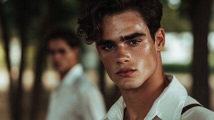 Fototapeta premium Close-up of a young man with intense expression outdoors, blurred figure in background