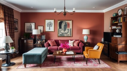 Cozy living room with red walls, elegant furniture, and art-adorned walls. A red sofa, vibrant cushions, and a mix of vintage and modern decor create a warm atmosphere. Generative, AI,