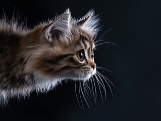 Side profile of a fluffy kitten with striking whiskers against a dark background