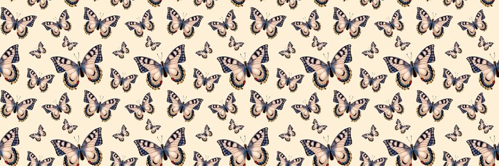 Seamless pattern of different butterfly. Hand-drawn vector insects, isolated on beige background. Spring season concept, Easter, nature.