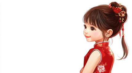 Cute little chinese girl in red carnival dress smiling on white background, asian child, holiday