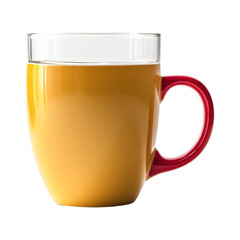 Colorful coffee mug and clear glass tea in kitchen
