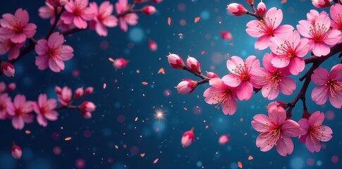 Fototapeta premium Vibrant vector illustration of blossoming plum branches & fireworks, happiness, spring