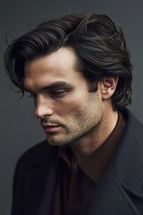 Obraz premium Thoughtful young caucasian male with dark hair in profile portrait