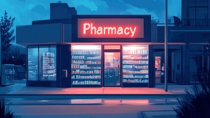 pharmacy storefront with a bright neon sign reading "Pharmacy" above the entrance. The storefront should have clean glass windows displaying a range of health products.