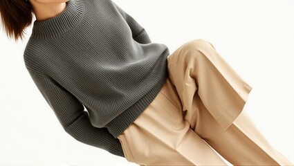 A minimalist fashion portrait featuring a woman in a beige turtleneck sweater and cream trousers against a plain light background, showcasing modern simplicity. Generative, AI,