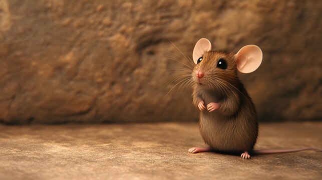 Adorable Brown Mouse Posing Against Rustic Background