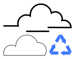 Black outlined clouds above blue recycling symbol. Ideal for sustainability, environmental awareness, recycling programs, cloud computing, minimalistic designs, eco-friendly campaigns, educational