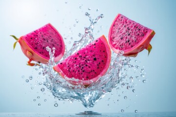Vibrant Dragon Fruit Slice Splashing in Clear Water Background