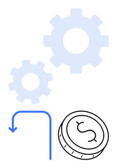 Two interlocking gears, a coin with a dollar sign, and a downward arrow. Ideal for economic analysis, financial mechanisms, business strategy, market trends, industrial processes, investment risks