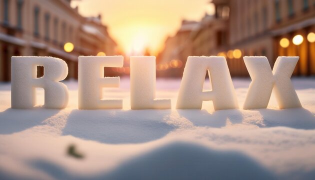 Snowy Scene with 'RELAX' Text in Winter Sunset