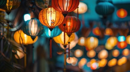 Illuminated lanterns hanging outdoors at night.