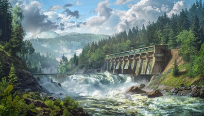 Fototapeta premium Stunning hydroelectric dam nestled in a lush green mountain valley, showcasing powerful cascading water and breathtaking scenery. Perfect for nature, energy, and environmental projects.
