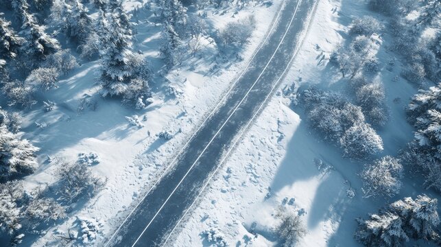 Snowy Road Through Winter Forest Aerial Landscape Photography