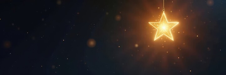 Bright gold star light suspended from the ceiling on a dark background shines like a tiny sun , ambiance, decoration