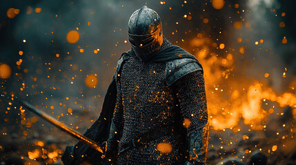 Teutonic Knight in Full Armor with Sword, Medieval Templar Warrior Standing in Battle Stance on Historic Battlefield in the Middle Ages, Dramatic Light and Historical Setting