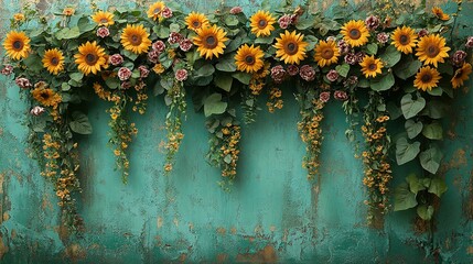 Sunflowers and Carnations Draped Against a Teal Wall