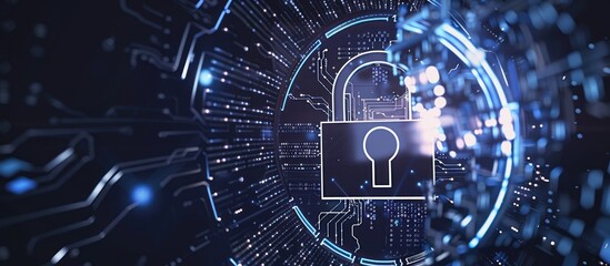 Cyber security concept; glowing padlock on circuit board.