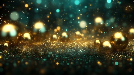 Golden spheres sparkle on teal glitter background