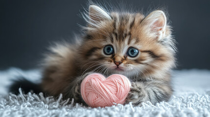 fluffy kitten playing with a ball of pink threads in the shape of a heart on a white background, funny cat, Valentine's Day card