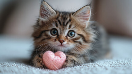 fluffy kitten playing with a ball of pink threads in the shape of a heart on a white background, funny cat, Valentine's Day card