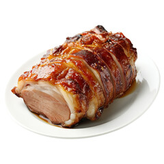 Succulent roasted pork with crispy skin served on white plate, showcasing its rich glaze and tender meat. Perfect for festive meals or gatherings