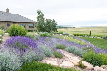 Serene country home garden with lavender and scenic views