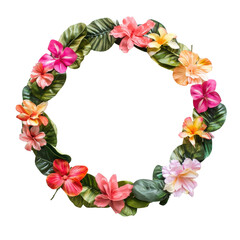 Colorful floral wreath with vibrant flowers and green leaves, perfect for decoration or celebration. This beautiful arrangement adds cheerful touch to any space