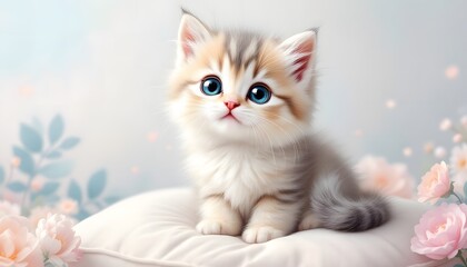 Adorable Kitten Resting on a Soft Pillow Amidst Blooming Roses