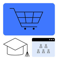 Shopping cart icon, graduation cap, and user interface panel reinforce themes of e-commerce, education, and digital platforms. Ideal for online education, knowledge exchange, remote learning