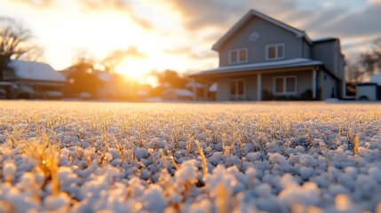 Golden Sunset Over Snowy Lawn House in Background