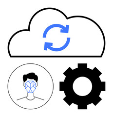 Cloud graphic with refresh arrows, face recognition icon, and gear symbolizing data synchronization, AI tech, automation. Ideal for AI, cloud computing, machine learning, privacy tech services