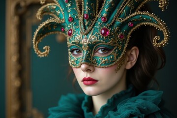 Elegant Green Masquerade Mask with Intricate Gold Details and Jewels