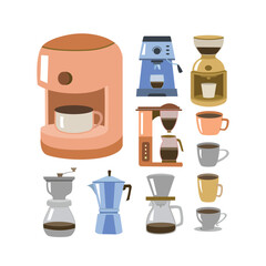 Coffee machine. Set of coffee maker. Coffee equipment. Barista cafe equipment. Coffee machine.