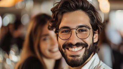 Obraz premium Business professional smiling during a cordial negotiation, exuding confidence and approachability in a sleek office setting.