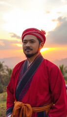 A man dressed in traditional costumes is in the beautiful scenery under the sunset, with the soft sky and the harmonious beauty of nature in the background, isometry, with white tones