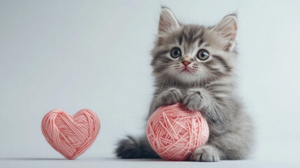 fluffy kitten playing with a ball of pink threads in the shape of a heart on a white background, funny cat, Valentine's Day card