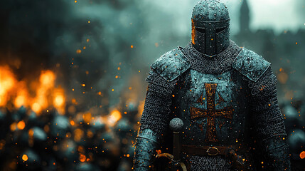 Teutonic Knight in Full Armor with Sword, Medieval Templar Warrior Standing in Battle Stance on Historic Battlefield in the Middle Ages, Dramatic Light and Historical Setting